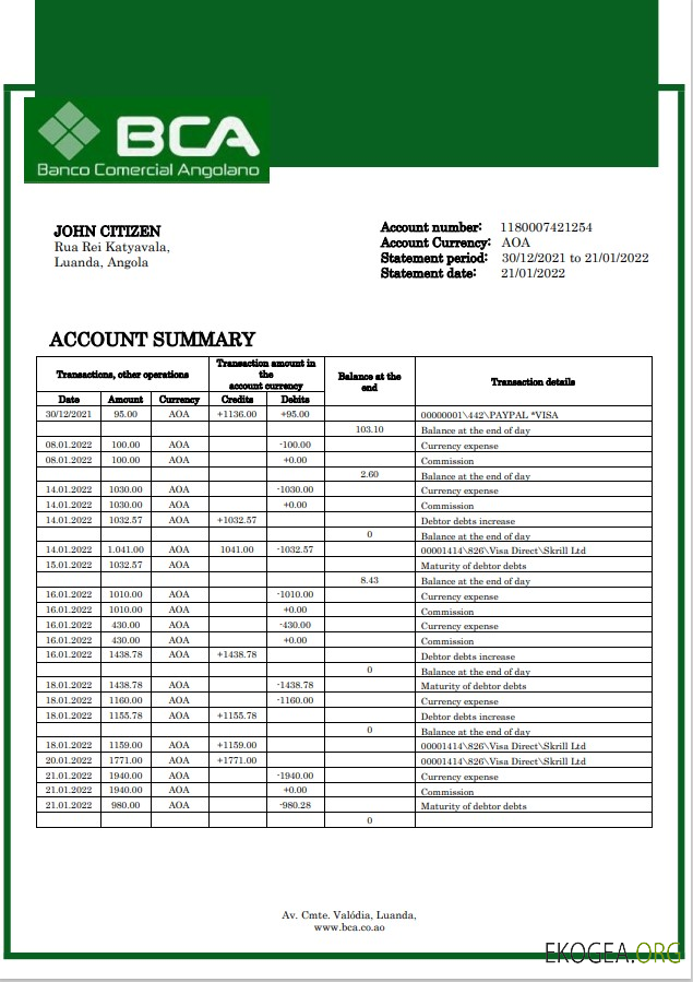 Angola Banco Comercial Angolano relevé bancaire